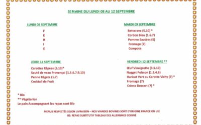Menu de la cantine – Semaine du 8 au 12 septembre