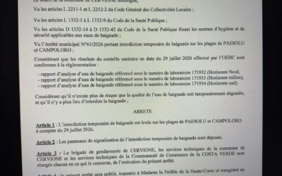 Levée de l’interdiction de baignade à Paesolu et Campoloro